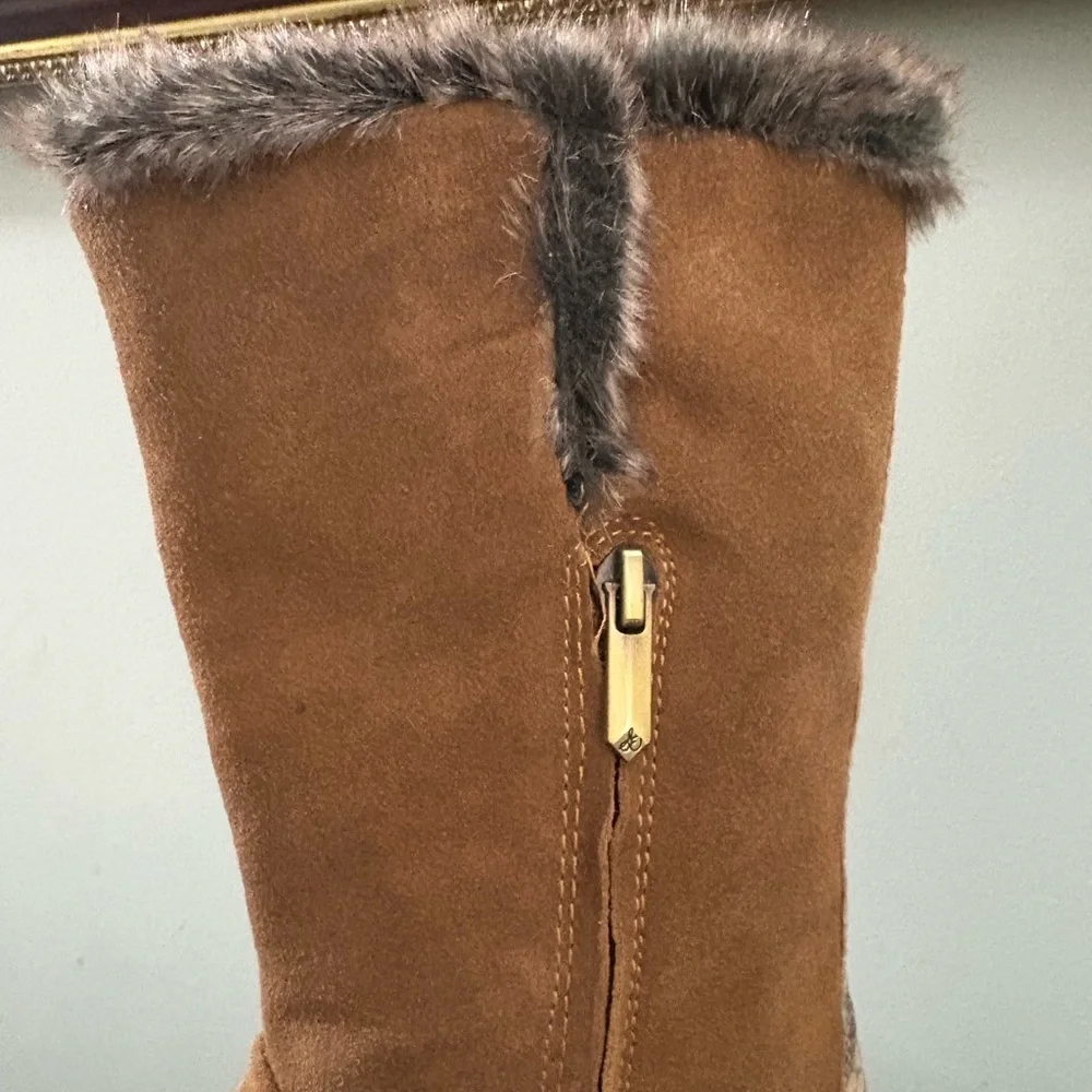 Sam Edelman Tilden Faux Fur Fringe Boots – Chestnut Suede w/ Snakeskin Trim